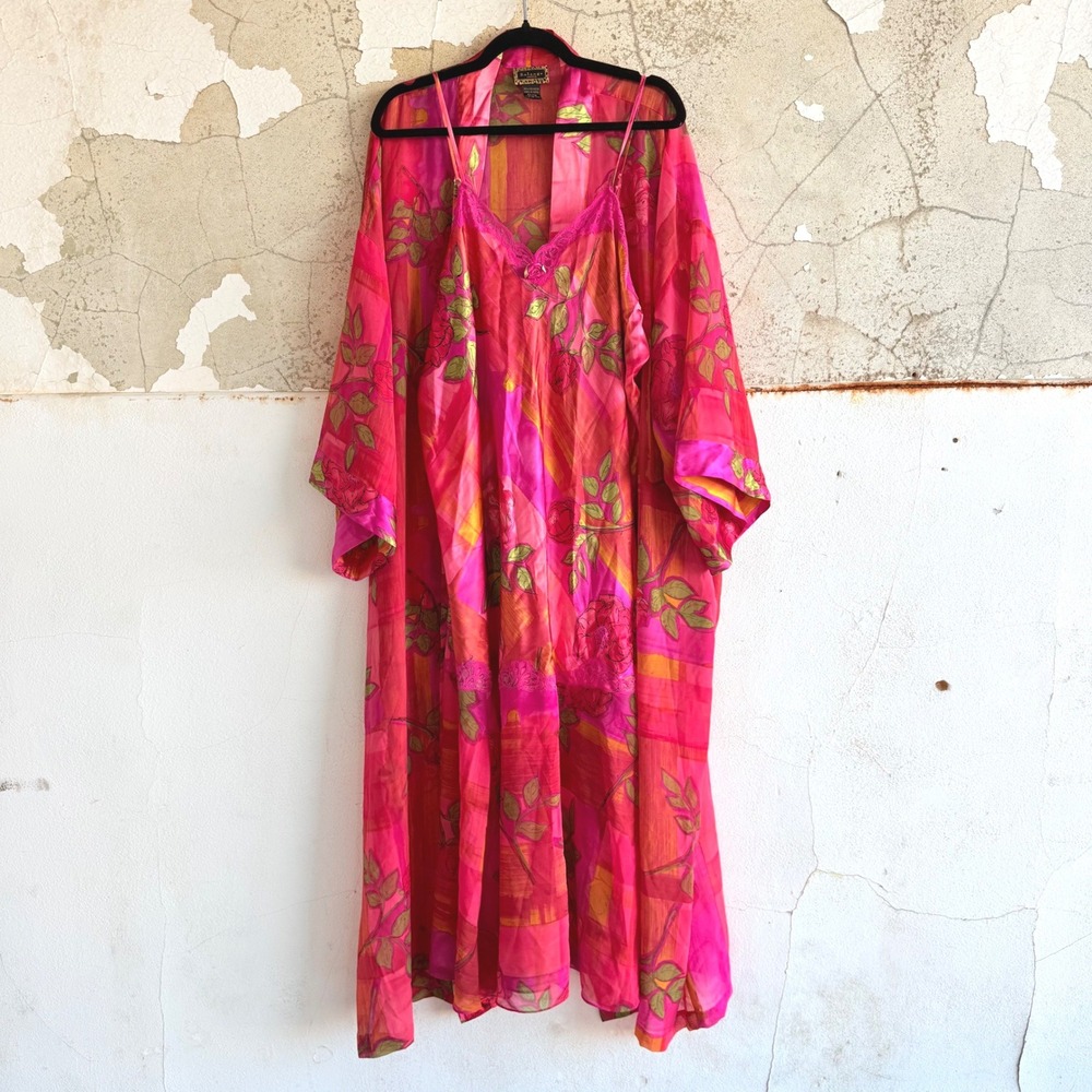 Vtg 90s Robe Gown Set Satin Slip Dress Floral Chemise Lace Trim Plus Size 18/20